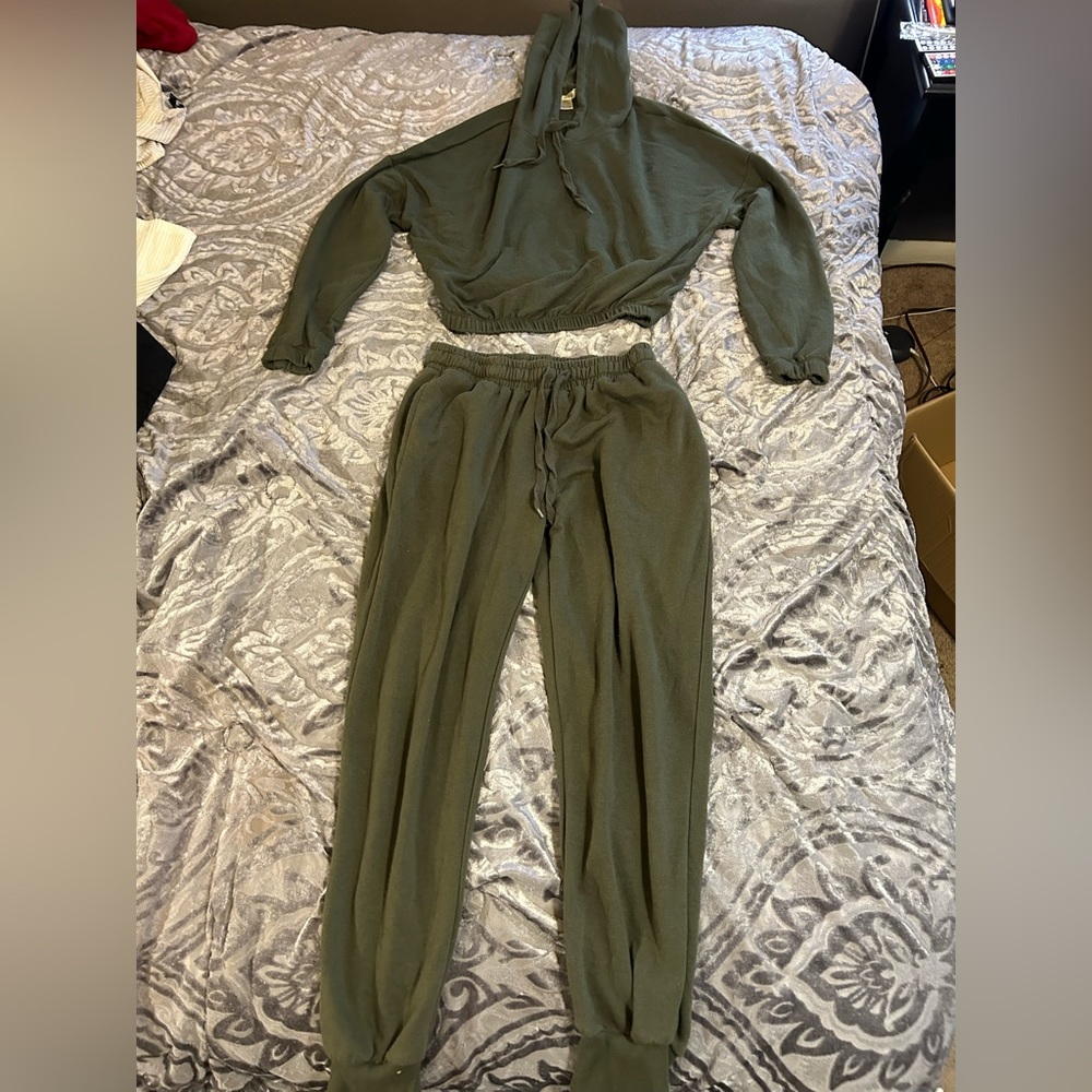 Two piece olive green cropped jacket with matching sweats